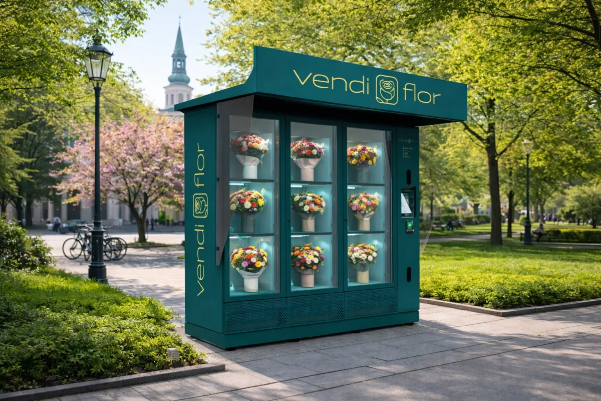 Kwiatomat VendiFlor z dziewięcioma bukietami kwiatów w szafkach sprzedażowych, ustawiony w zielonej przestrzeni miejskiej polskiego miasta wiosną.
