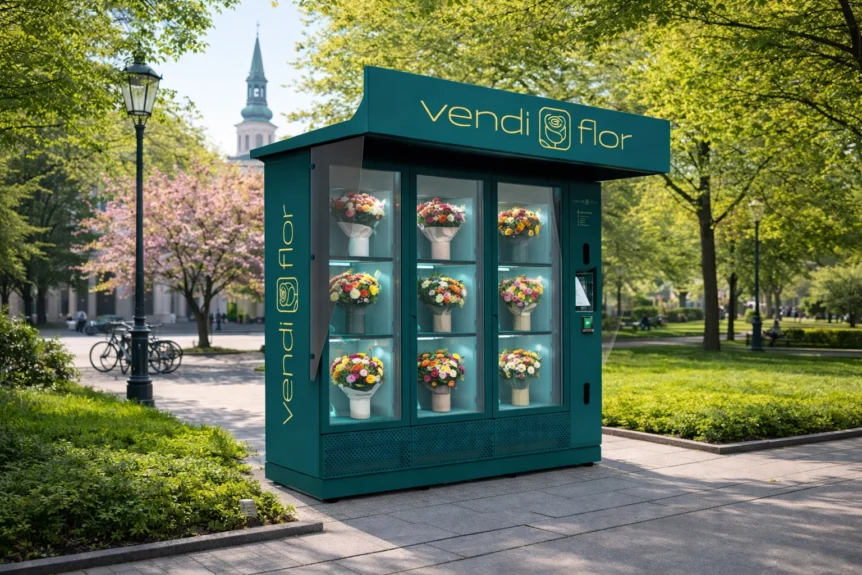 Kwiatomat VendiFlor z dziewięcioma bukietami kwiatów w szafkach sprzedażowych, ustawiony w zielonej przestrzeni miejskiej polskiego miasta wiosną.