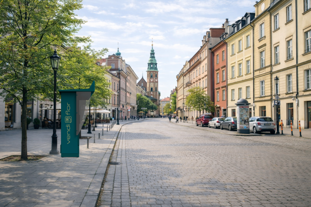 Kwiatomat VendiFlor z dziewięcioma bukietami kwiatów w szafkach sprzedażowych, ustawiony w zielonej przestrzeni miejskiej polskiego miasta wiosną.