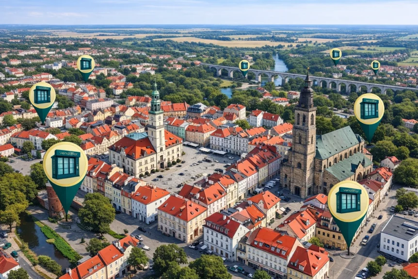 Widok z lotu ptaka na miasto z zaznaczonymi lokalizacjami Kwiatomatów VendiFlor – rozwój miejskiej sieci automatów z kwiatami