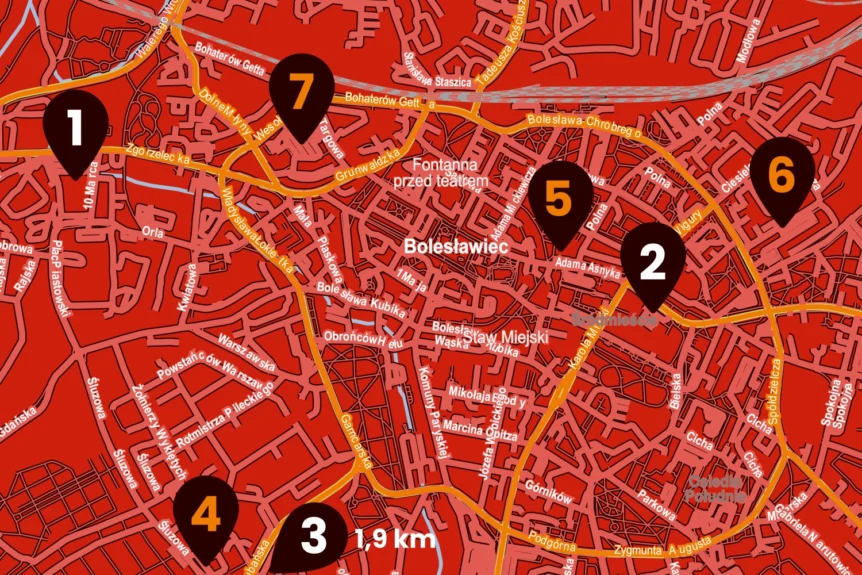 Mapa Bolesławca z zaznaczonymi lokalizacjami Kwiatomatów VendiFlor