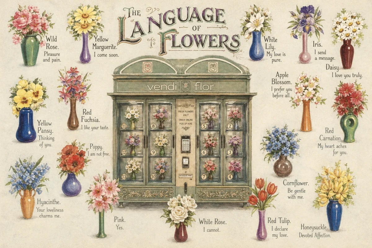 Ilustracja w stylu vintage przedstawiająca mowę kwiatów z Kwiatomatem VendiFlor otoczonym symbolicznymi kompozycjami kwiatowymi i ich znaczeniami