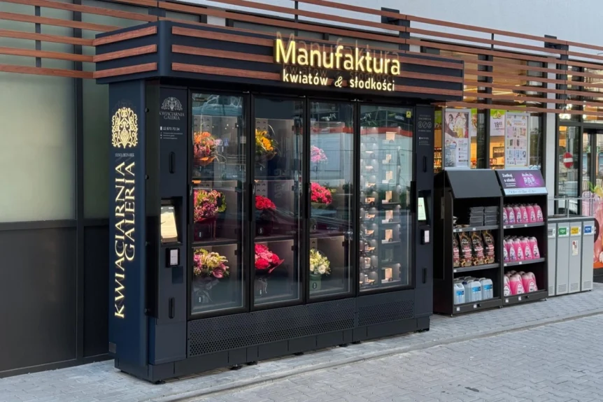 Nowoczesny Kwiatomat przy stacji ORLEN oferujący świeże bukiety i słodkości przez całą dobę.