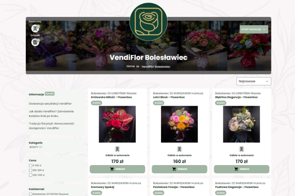 Sklep internetowy VendiFlor Bolesławiec prezentujący rzeczywiste bukiety dostępne do zakupu online z odbiorem w Kwiatomacie, kwiaciarni lub z dostawą.