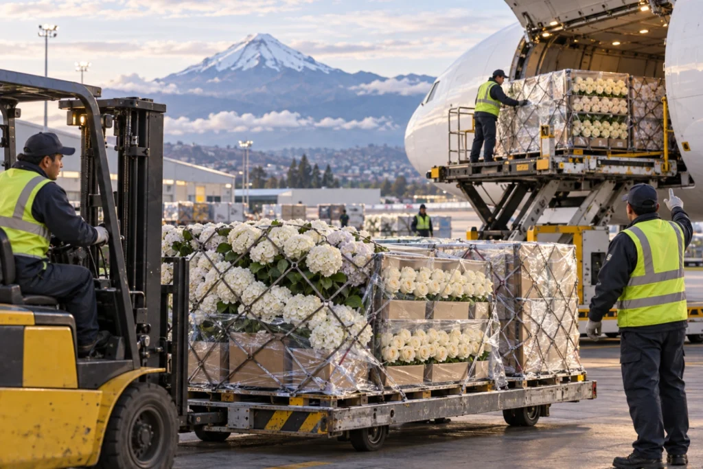 Lotniczy transport białych róż i hortensji – przygotowanie kwiatów do załadunku do samolotu cargo